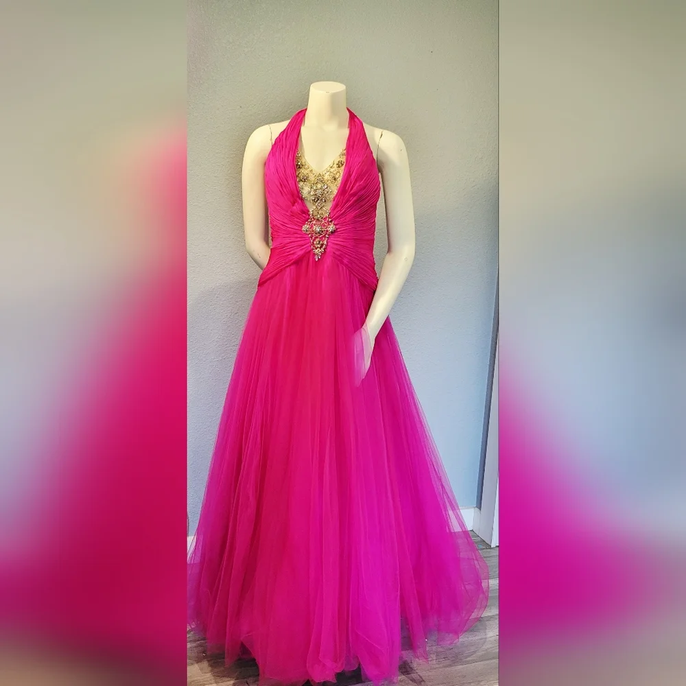 Terani Couture Fushia Halter Gown Dress S10 With Nude Push Up And Garment Bag - Picture 2 of 16